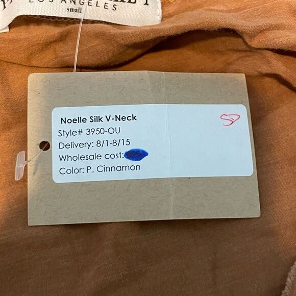 Project Social T Noelle Silk Top Cinnamon Brown V-Neck Short Sleeve Raw Edge S - Picture 7 of 7